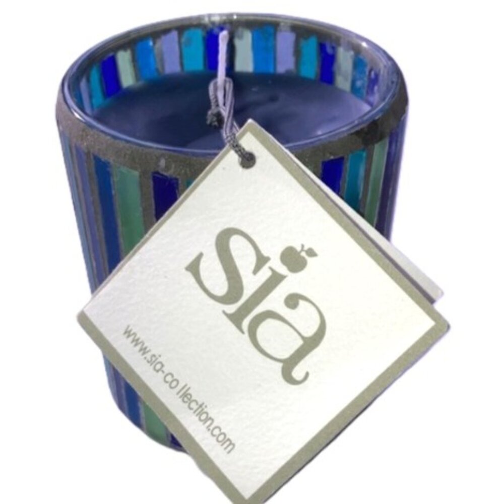 Handcrafted RAINBOW Blue Green Art Deco Glass Candle 3.25 x 2.5 inches